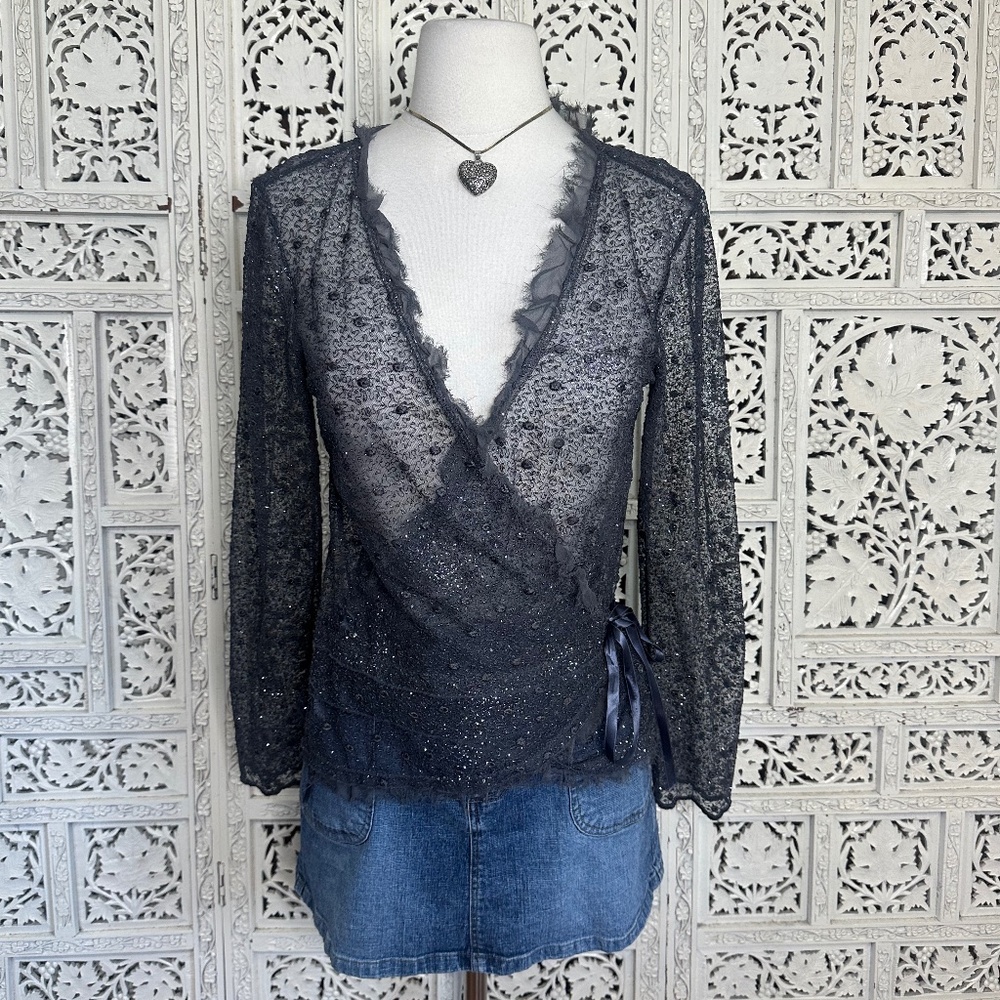 Vintage Dark Gray Kay Celine Fairycore Sparkly Shimmer Wrap Blouse Sz‎ Medium
